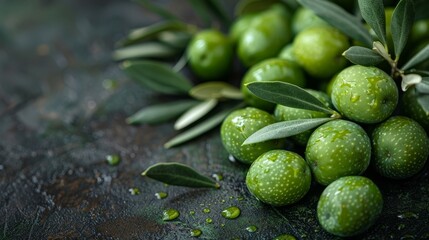   A table holds a pile of green olives and a separate bunch of them - obrazy, fototapety, plakaty