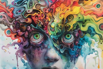 Illustrate a frontal gaze into a labyrinth of minds merging and diverging, painted in vibrant watercolors that blend seamlessly Play with perspectives that shift dynamically, inviting viewers to explo