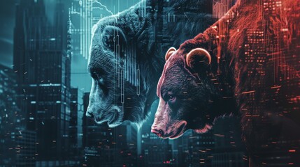 Abstract illustration of bull and bear on the background with diagrams. Stock market concept.