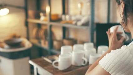 Pottery, workshop and woman check cup, ceramic design or mug for quality assurance, production assessment or entrepreneurship. Trade store, small business owner or seller inspection of studio product