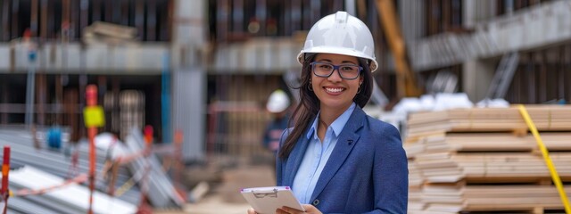 on a building site, a cheerful female site manager wearing a white helmet and blue suit holds a notepad.