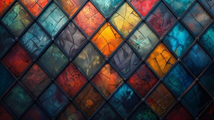   A tight shot of a multicolored wall, featuring a central pattern of intermingled squares and rectangles - obrazy, fototapety, plakaty