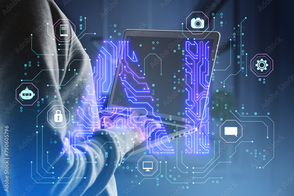 Poster Close up of hacker in hoodie using laptop computer with glowing blue AI hologram on blurry background. Artificial intelligence, technology and innovation concept.