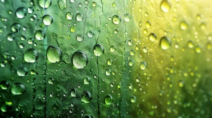   Close-up of water droplets on a green-yellow windowpane against a backdrop of green grass - obrazy, fototapety, plakaty