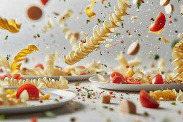 Different types of pasta flying and floating in the air chaotically and dynamically. Air-tossed pasta.