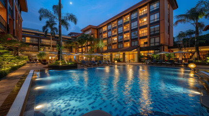 Hotel luxury outdoor swimming pool. Resort. Suites. Paradise. Tourism. Travel. Relaxation. Calmness. Vacation.