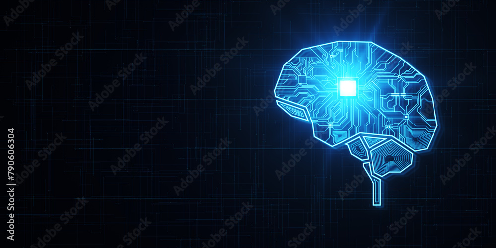 Aufkleber Creative glowing AI brain hologram and circuit on dark background with mock up place. Artificial intelligence and innovation concept. 3D Rendering.