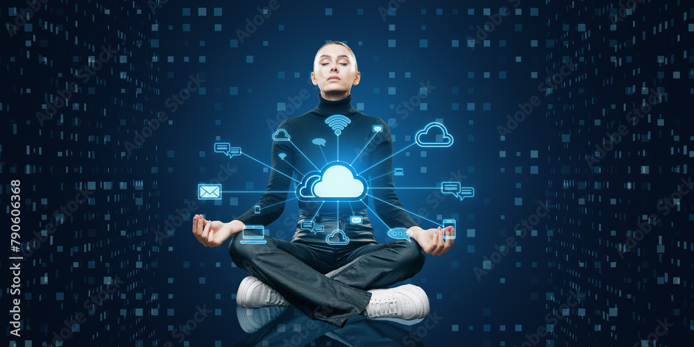 Poster attractive meditating young woman with creative cloud computing hologram with various icons. cyber d