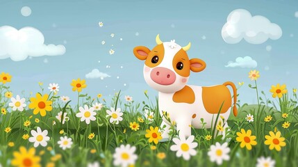  A brown-and-white cow stands atop a lush green field teeming with numerous white and yellow flowers
