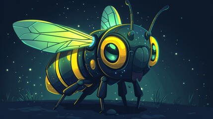 Colorful cartoon bee with futuristic design illuminated under starry sky - obrazy, fototapety, plakaty
