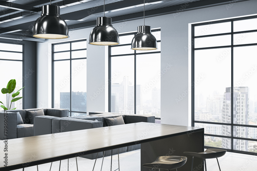 Poster bright kitchen interior with table, chairs and panoramic windows with city view.. 3d rendering.
