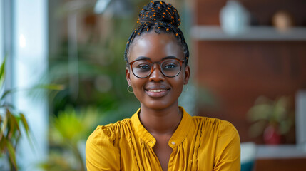 Cheerful African American young woman wearing glasses and a yellow blouse, with elegant braided hair, posing indoors with a pleasant smile. - obrazy, fototapety, plakaty