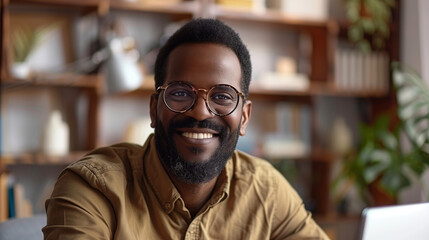 Portrait of a happy African American man with stylish glasses, smiling warmly in a cozy indoor setting.