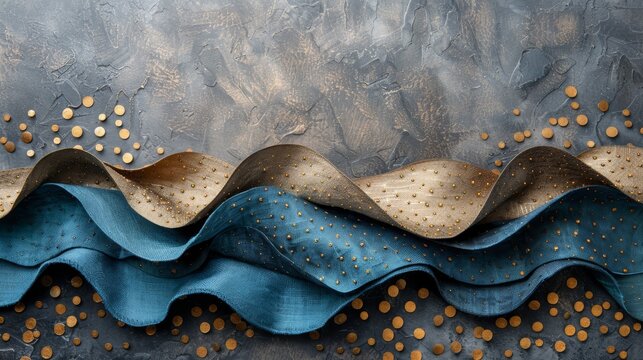   A detailed image of an artwork depicting a wave, adorned with golden dots atop