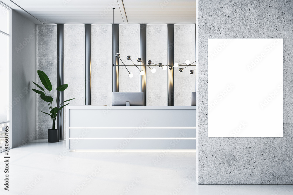 Aufkleber modern concrete office reception with blank white mock up banner on wall, desk, decorative plant and