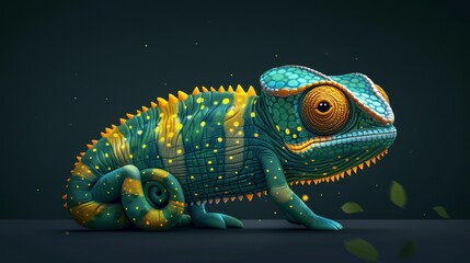 Colorful anthropomorphic chameleon character in vibrant night setting - obrazy, fototapety, plakaty