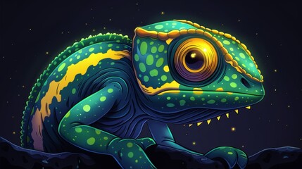 Colorful anthropomorphic chameleon character in vibrant night setting