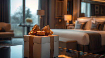 A mini employee gift box placed on the table of service in a modern luxury hotel room. Generative AI. - obrazy, fototapety, plakaty