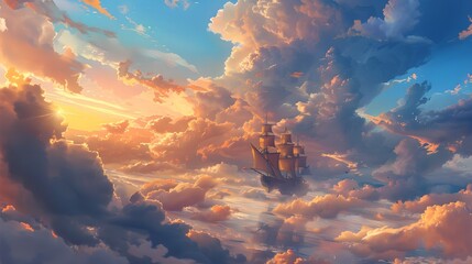 Illustrated Galleons Adrift Whimsical Cloud Skyscape at Sunset - obrazy, fototapety, plakaty