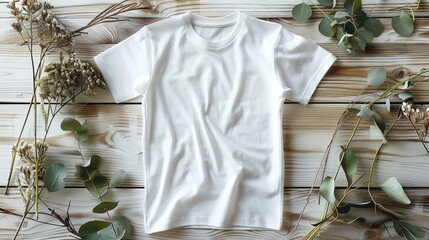 A crisp, white t-shirt presented on a flat lay, surrounded by a minimalist arrangement of natural materials. Generative AI.