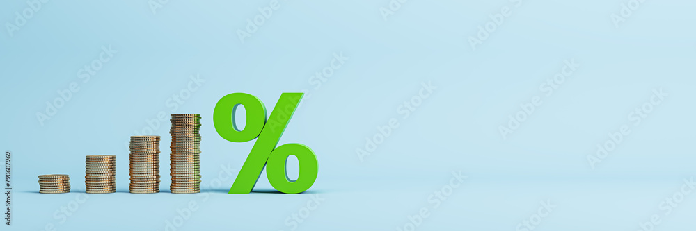 Poster growing stacked golden coins and green interest rates on blue background with mock up place. financi