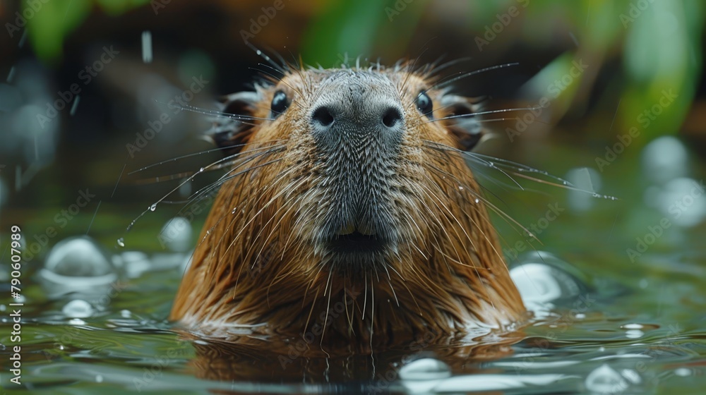 Wall mural   A tight shot of a brown-and-white animal in water, with droplets on its face