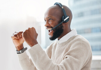 Good news, success or happy black man in call center winning telemarketing deal or telecom bonus....