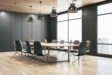A modern boardroom with a long table, chairs, and pendant lights on a wooden floor with cityscape background, concept of corporate meetings. 3D Rendering