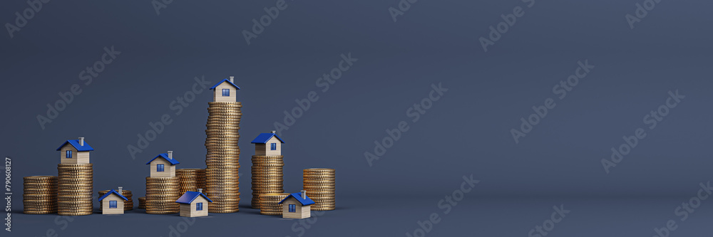 Poster stacked golden coins with small houses on wide dark background with mock up place for advertisement.