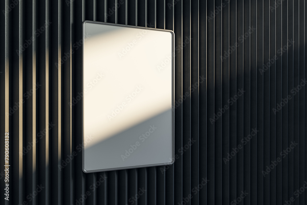 Poster empty dark metal linear wall with clean white mock up poster and shadows. gallery concept. 3d render