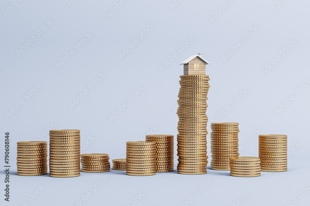 Aufkleber stacked golden coins with small houses on light background with mock up place for advertisement. mor