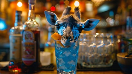   A giraffe's head pokes out of a tall glass, surrounded by ice, not a bottle of alcohol present