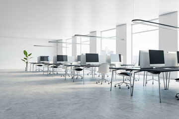 Modern workspace with high ceilings, floating lights, and urban skyline views. 3D Rendering
