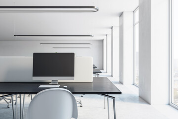 Bright and airy office interior with minimalist design and panoramic city views. 3D Rendering