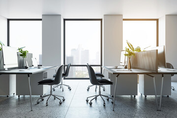 Modern office interior with desks, computers, and large windows showing a cityscape, on a daytime background, concept of a corporate workplace. 3D Rendering
