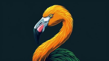 Vibrant cartoon illustration of an anthropomorphic flamingo in a tropical setting