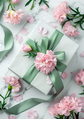 카네이션 꽃과 녹색 리본으로 장식된 선물 박스