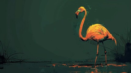 Vibrant cartoon illustration of an anthropomorphic flamingo in a tropical setting - obrazy, fototapety, plakaty