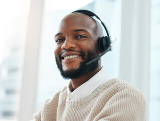 Portrait, agent or happy black man in call center talking, consulting or networking in telecom...