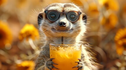   Meerkat in sunglasses, sips orange juice near sunflower field