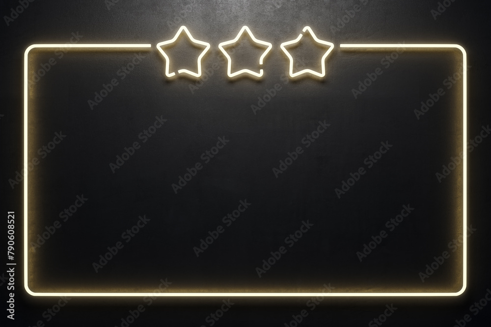 Aufkleber Abstract black banner with glowing retro stars and mock up place. Party and event concept. 3D Rendering.