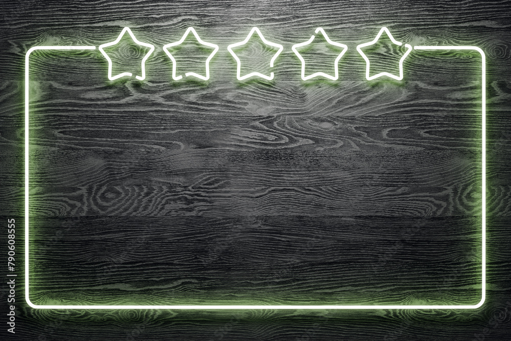 Poster Shiny black wood banner with glowing retro stars and mock up place. Party and event concept. 3D Rendering.