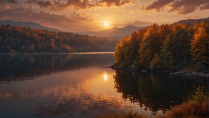 Fantastic autumn sunset of beautiful and attractive lake