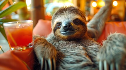 Obraz premium A tight shot of a sloth seated on a chair, holding a glass of orange juice