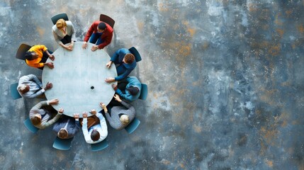 Obraz na płótnie Canvas Corporate Meeting Overhead View, Circular Table Discussion
