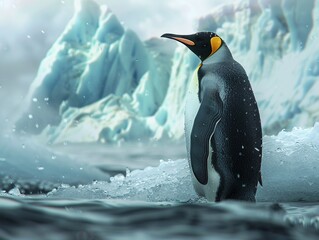 Melting Habitat Single Penguin Beside Melting Glacier, Detailed Droplets Evident