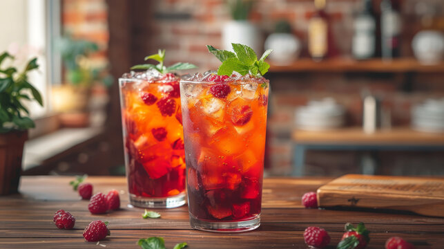   Two glasses of raspberry iced tea are placed on a table, adjacent to a potted plant