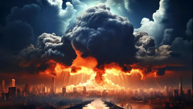 Nuclear explosion with mushroom cloud over urban landscape. Atomic bomb apocalyptic scenario 
