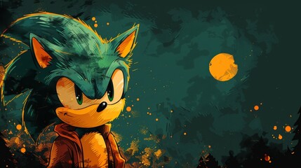 Artistic cartoon illustration of a blue hedgehog character in a dark forest under a golden moon