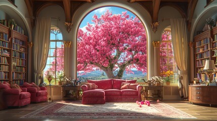   A living room teeming with furniture, anchoring a pink-hued tree at its heart, surrounded by bookshelves - obrazy, fototapety, plakaty
